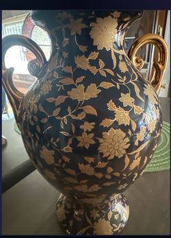 Large Black and Gold Floral Ceramic Urn Vase