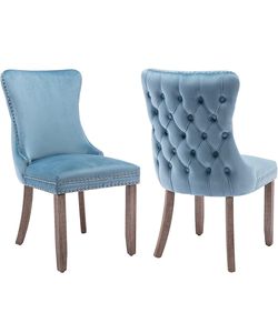 Modern Tufted Upholstered Dining Chairs with Full Back Set of 2, Light Blue Velvet Dining Room Chair with Solid Wood Legs, Sillas de Comedor, Kitchen 