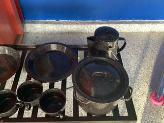 Camping enamel cookware set multiple like new pieces including coffee pot and dish ware and Camping or Boy/Girl Scout Camping cooking items including
