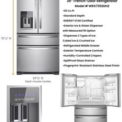 Whirlpool 36" 25 Cu Ft Standard Depth French Door Refrigerator
