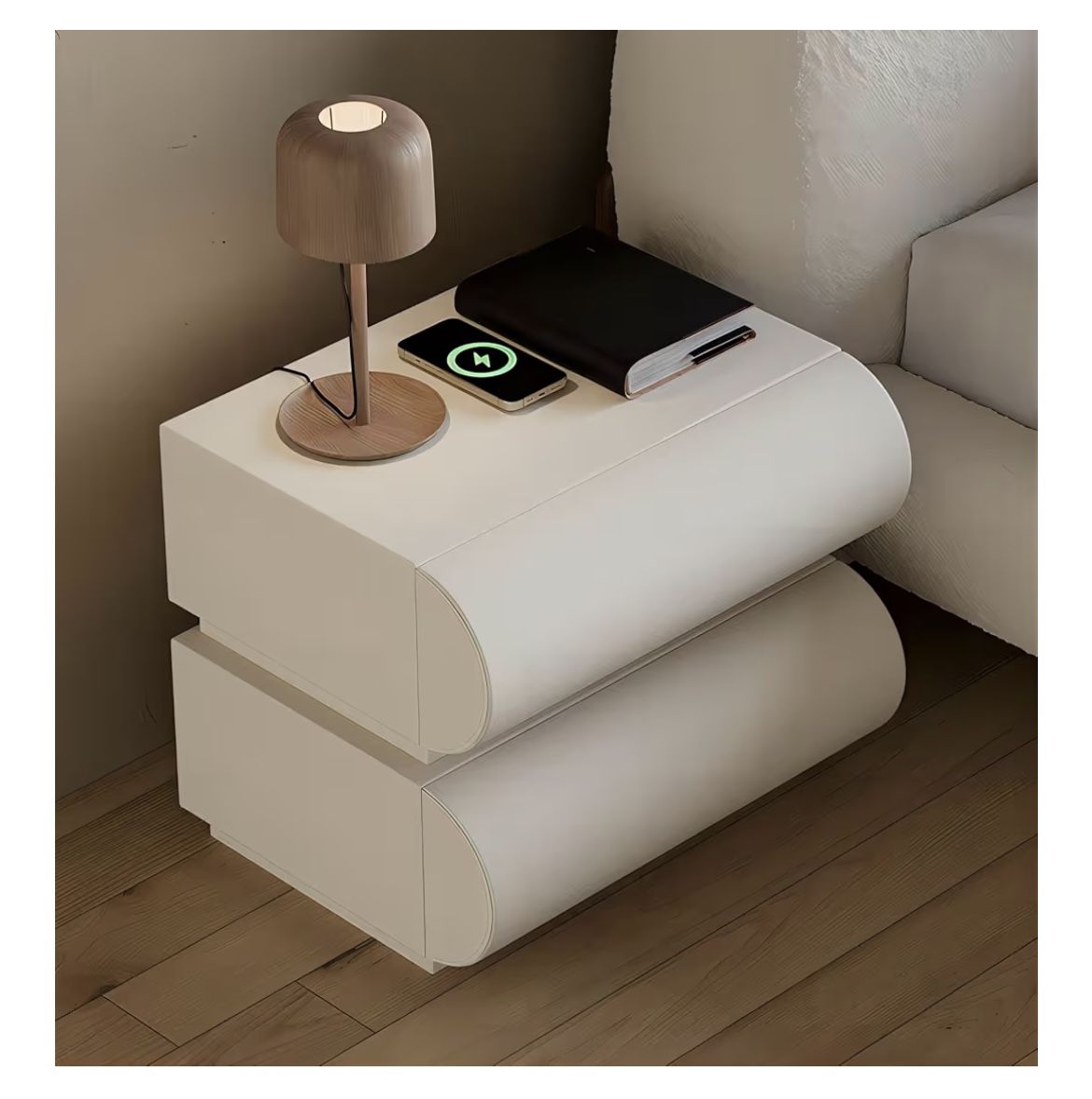 Mesita de Noche Inteligente Moderna – 2 Cajones | Cargador Inalámbrico + USB + Tipo C