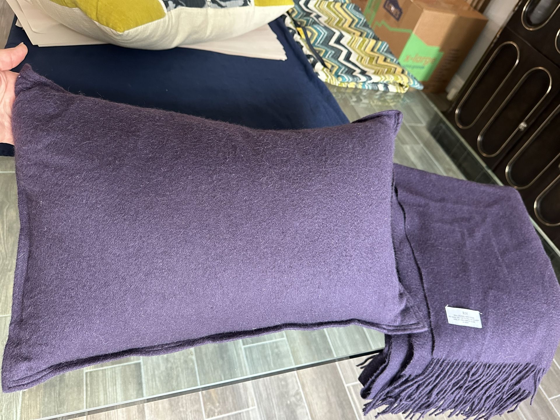 Restoration Hardware Aubergine Cashmere Throw And Pillow