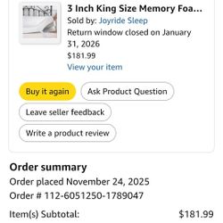 3" King Memory Foam Mattress Topper $125