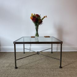 Industrial chic square glass coffee table with handmade iron frame 