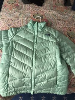 North Face mint green w purple lettering puffer ski jacket/came out fall 2017