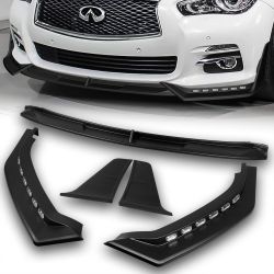 For 2014-2017 Infiniti Q50 Luxe Base Black LED Sequential Light Front Bumper Lip -(2-PU-209-LED