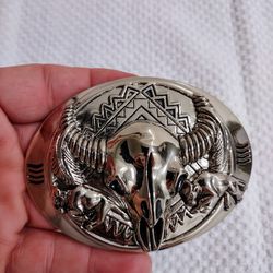 Skull Belt Buckle, 3 D Silver Tone Metal, Cow Skull Buckle, 3 1/2 by 2 3/4 Inches, Men’s Accessory

