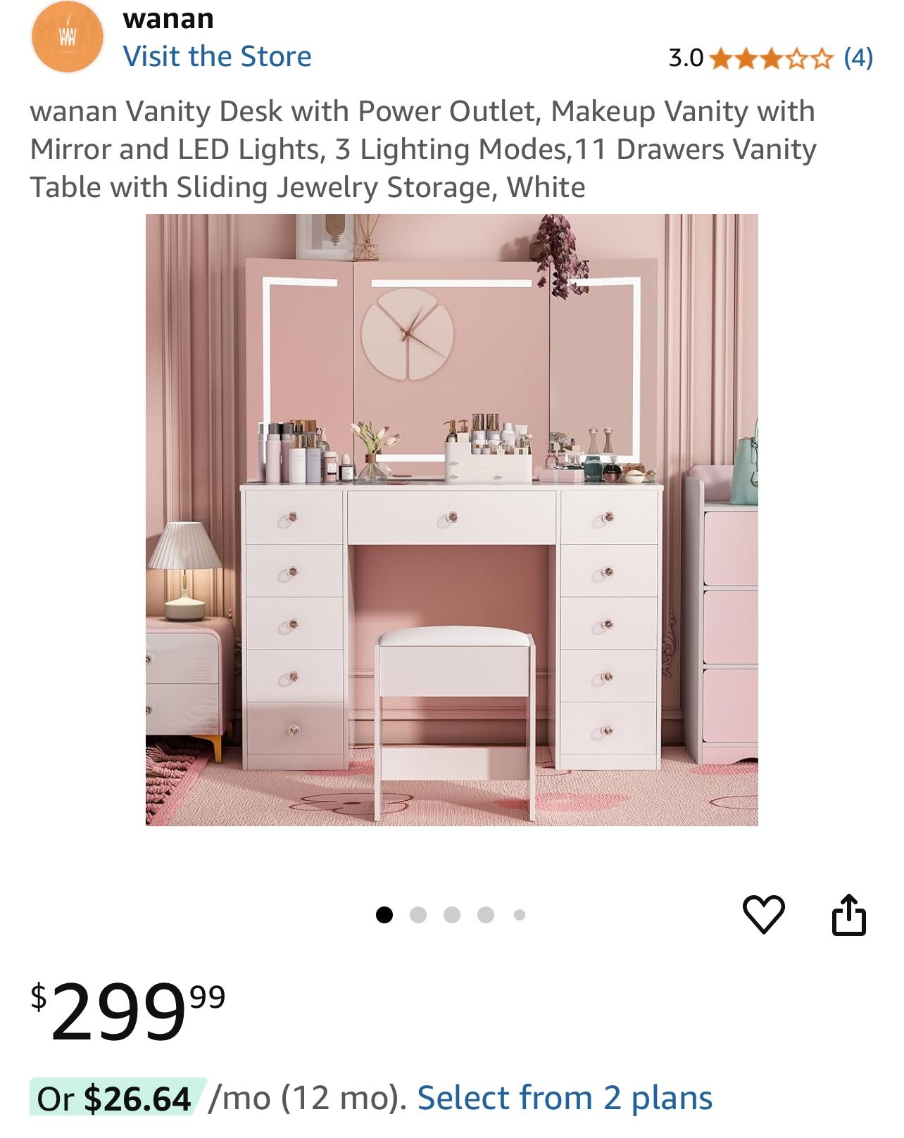 Vanity Desk with Power Outlet, Makeup Vanity with Mirror and LED Lights