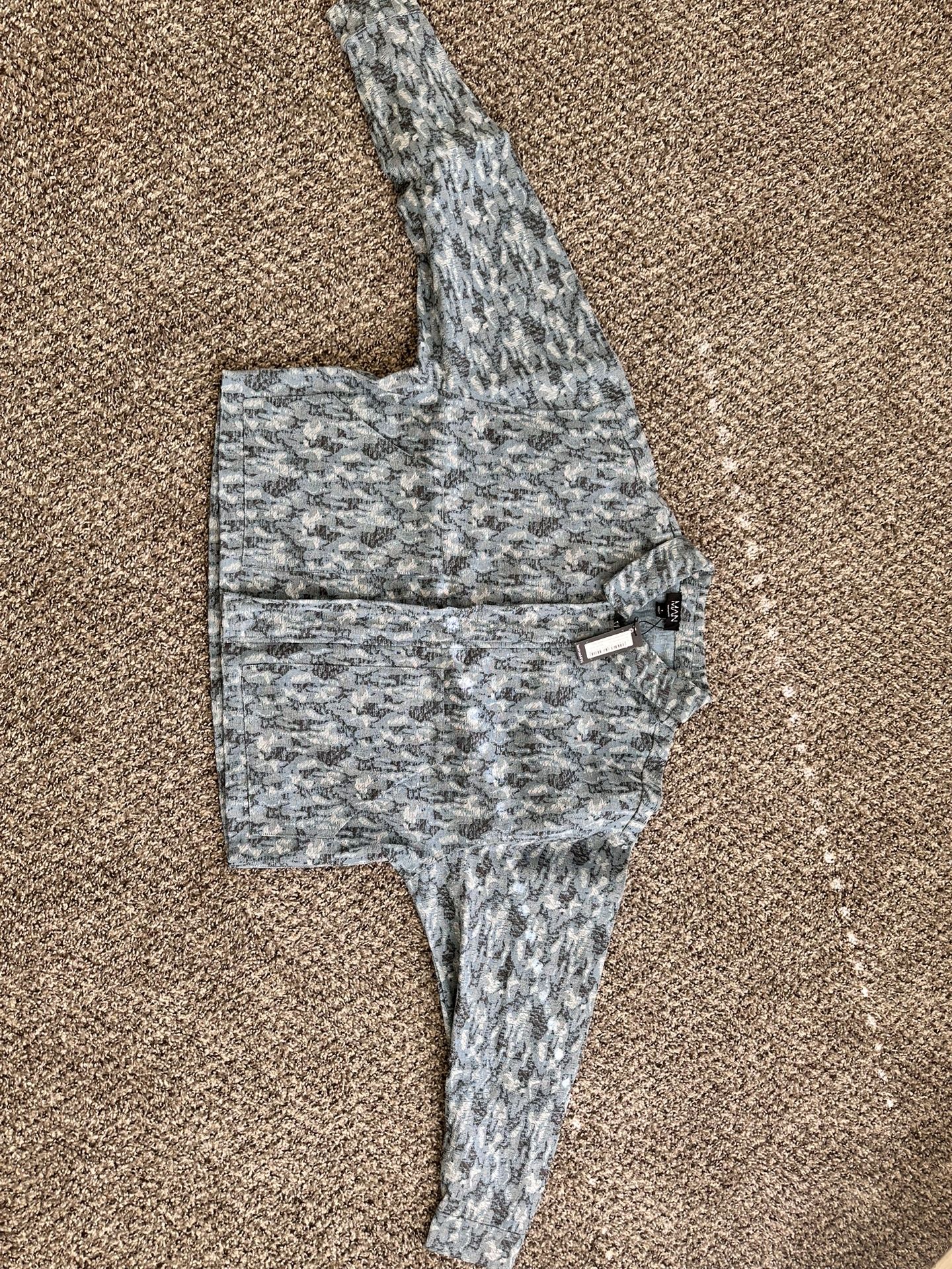 Boxy Fit Fabric Interest Distressed Denim Jacket (new) sz: small