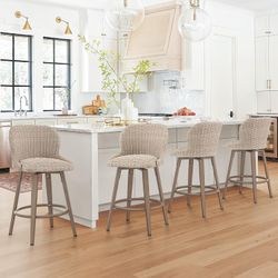 Set of 4 Swivel Outdoor Bar Stools, 27" Counter Wicker Patio Chair, Boho Coastal Bar Stools, Apricot