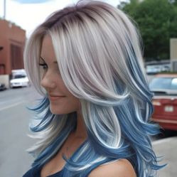 Blonde & Blue Wig Layered Wig W/ Bangs