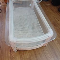 GLASSES  WHITE RATTAN  COFFEE  TABLE