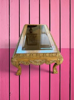Ornate Carved Wood Coffee Table with Inset Glass Top (Traditional / Baroque Style)