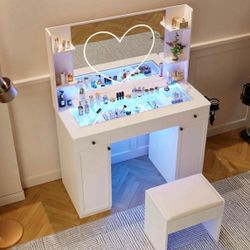   Makeup Vanity Desk with Mirror and Lights Heart Strip, RGB Led, Glass Top Bedroom Dresser with Rechargeable Outlet （Fcc） with Stool 