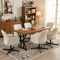 Homy Casa Leonard+Thomasina 7PC Dining Set 63" Rectangular Table with Beige Chenille Swivel Chair
