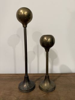Two Vintage Mid-Century Modern Brass Ball Top Candlestick Holders