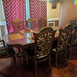 10 Piece Elegant Traditional Carved Wood Dining Table with 8 Chairs – Extension Included
