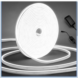 Tira de luces LED de neón, 32.8 pies, color blanco frío, regulable, tira de luces de neón de silicona flexible impermeable para dormitorio, sala de es