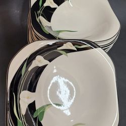 8 SANGO Vintage Quadrille Black Lilies 7.5” Bowls Square 