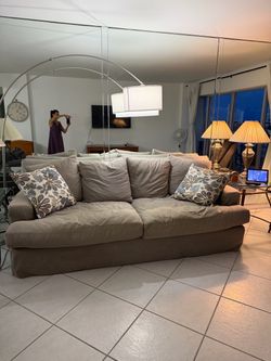 Large Grey Fabric Sofa with Throw Pillows