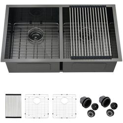 32 Black Undermount Double Bowl Kitchen Sink, ZDHHT 32 x 19 x 10 Inches 16 Gauge T304 Black Stainless Steel Double Bowl Kitchen Sink Undermount 50/50 