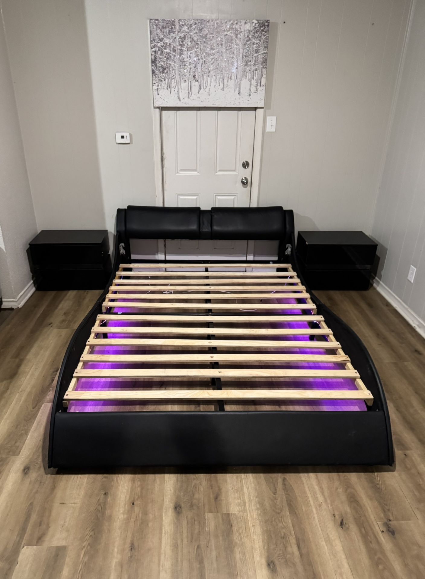 Queen Bed Frame with LED Lights & 2 Nightstands