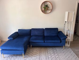 Blue Velvet Sofa + Coffee Table