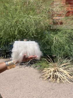 Elegant Cream Feathered Clutch With Gold Handle