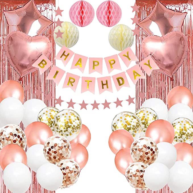 Win Change Rose Gold Birthday Party Decorations,Happy Birthday Banner Rose Gold Fringe Curtain Pack of 2,Heart Star Foil Confetti Balloons,Foil Balloo