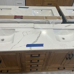 72” Bathroom Vanity in teak , double sink soft close solid wood with vanity top in white  $1169  Luke’s liquidations warehouse Address:  2434 N Forsyt