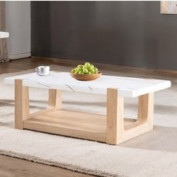 Coffee Table White.faux Marble Top, Natural Wood Finish. New Especial Price 