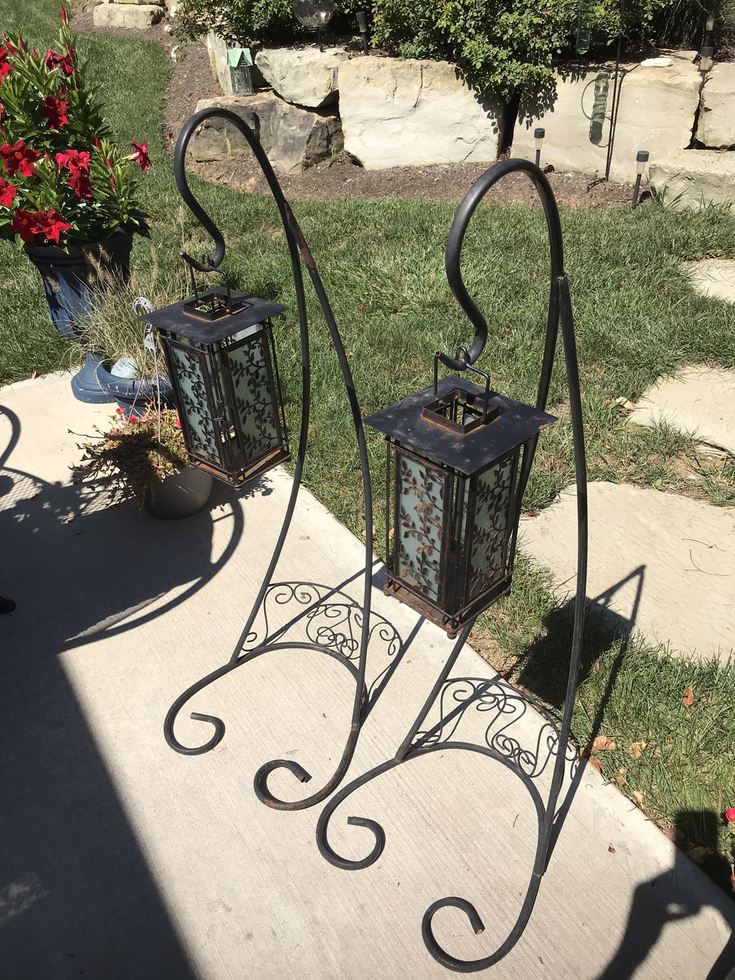 SET OF 2 - Iron Standing Plant/Birdhouse Hooks - perfectly balanced fanned base 40”Tx14” base. Lanterns and bird houses are also for sale separately.