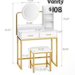 😀 Vanity Desk with LED Lighted Mirror & Power Outlet, White Vanity Desk with Adjustable 3 Lighting Modes, Small Vanity Desk for Bedroom
