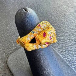 Jewelry 24k solid pure yellow gold colourful gemstone fashion panther ring sz 5.25 14.3g