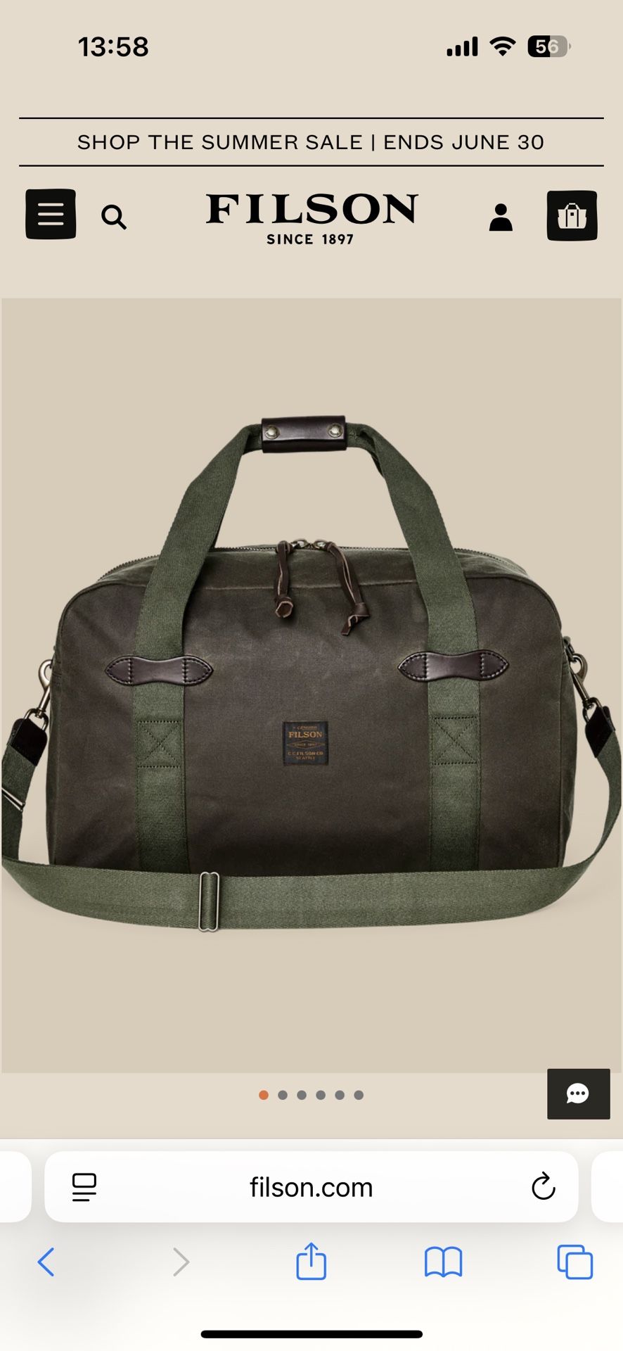 New Filson Medium Tin Cloth Duffle Otter Green