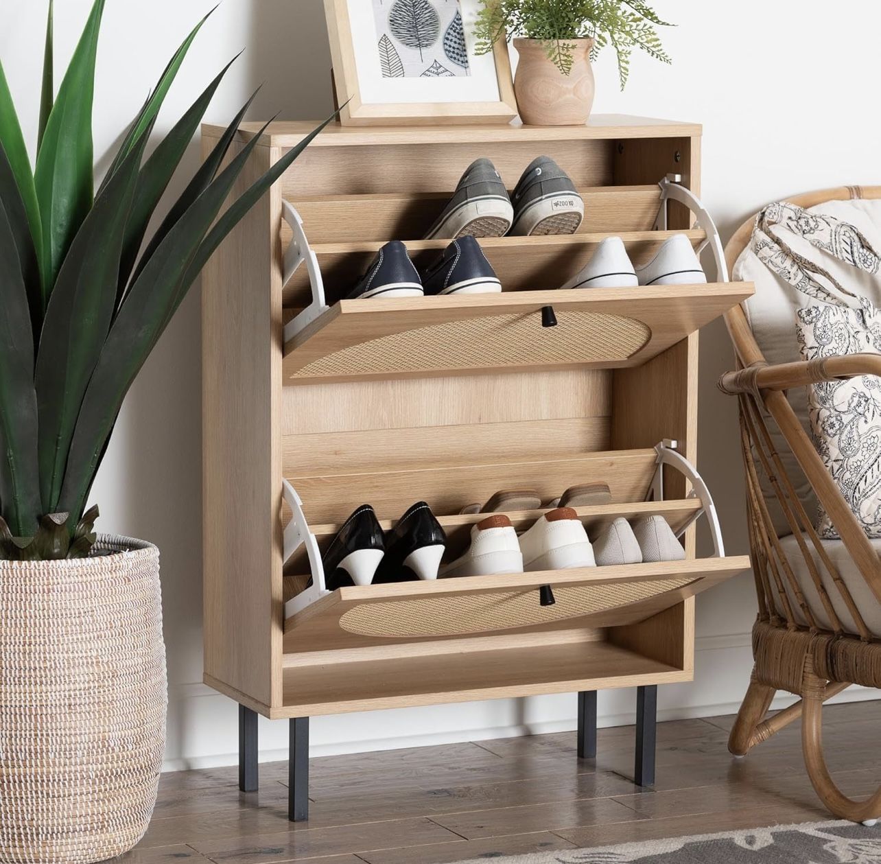 12-Pair Shoe Storage Organizer with 2 Flip Doors, Boho-Chic Compact Hallway or Entryway Furniture
