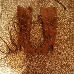 Women's  Thigh High Brown Lace Up High heel Boots 