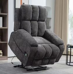 New Upgraded Flagship Oversized Gray Chenille Power Lift Recliner Chair w/Extended Footrest & Pull-Out Side Storage