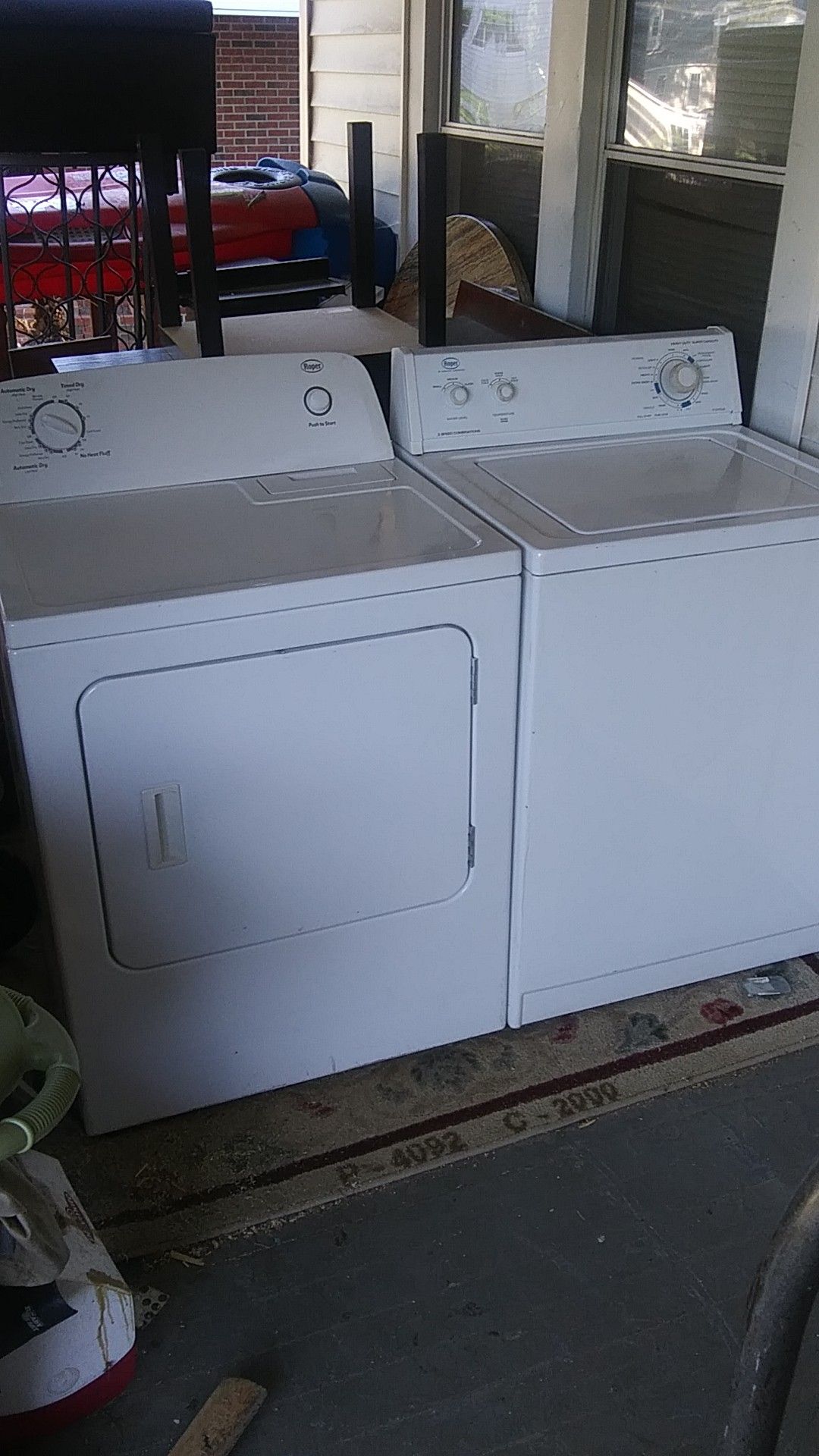 Roper washer and dryer set. Both work great! Serviced by appliance technician 20 June 20. (2 week money back guarantee!)