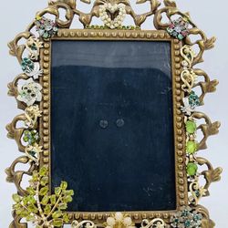 Vintage Gold Brass Decorated With Jewels  Rhinestones Photo Frame 10.5x7.5”