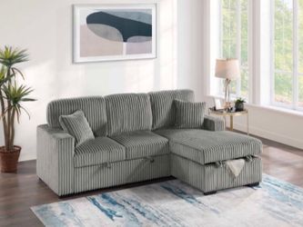 Sectional Sofa with pull-out bed & storage grey Fur-like jumbo corduroy