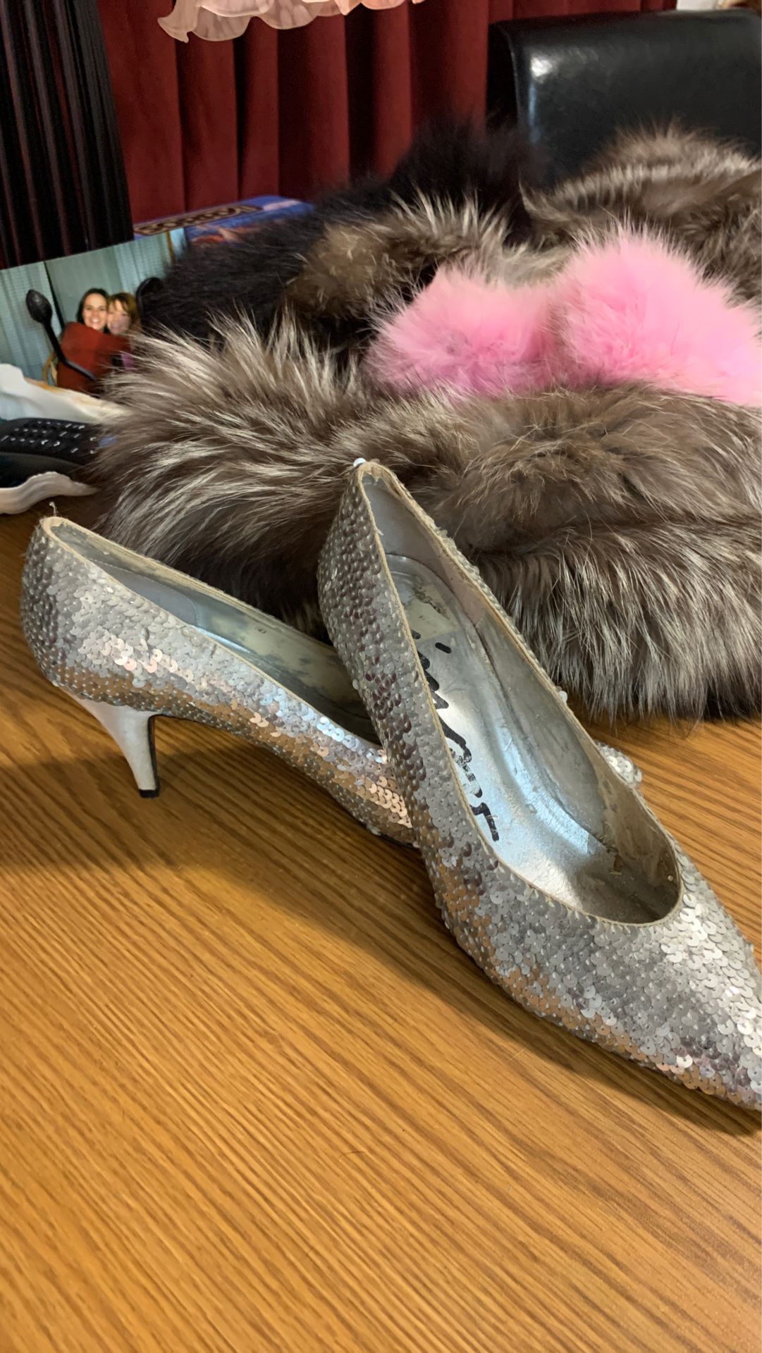So fun for the holidays these sequin silver kitten shoes are just the touch
