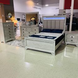 Led Upholstered Bedroom Set Queen or King Bed Dresser Nightstand Mirror Chest Options