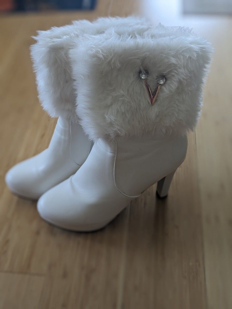 White Mukluk Style Boots with Faux Fur and Heels