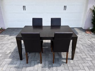 Modern Dark Wood Dining Table Set with 4 Leather Chairs