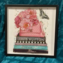 Louis Vuitton Fashion Bag N Books Print. Pink, Blue, Gold. Framed. 14”X14”. 