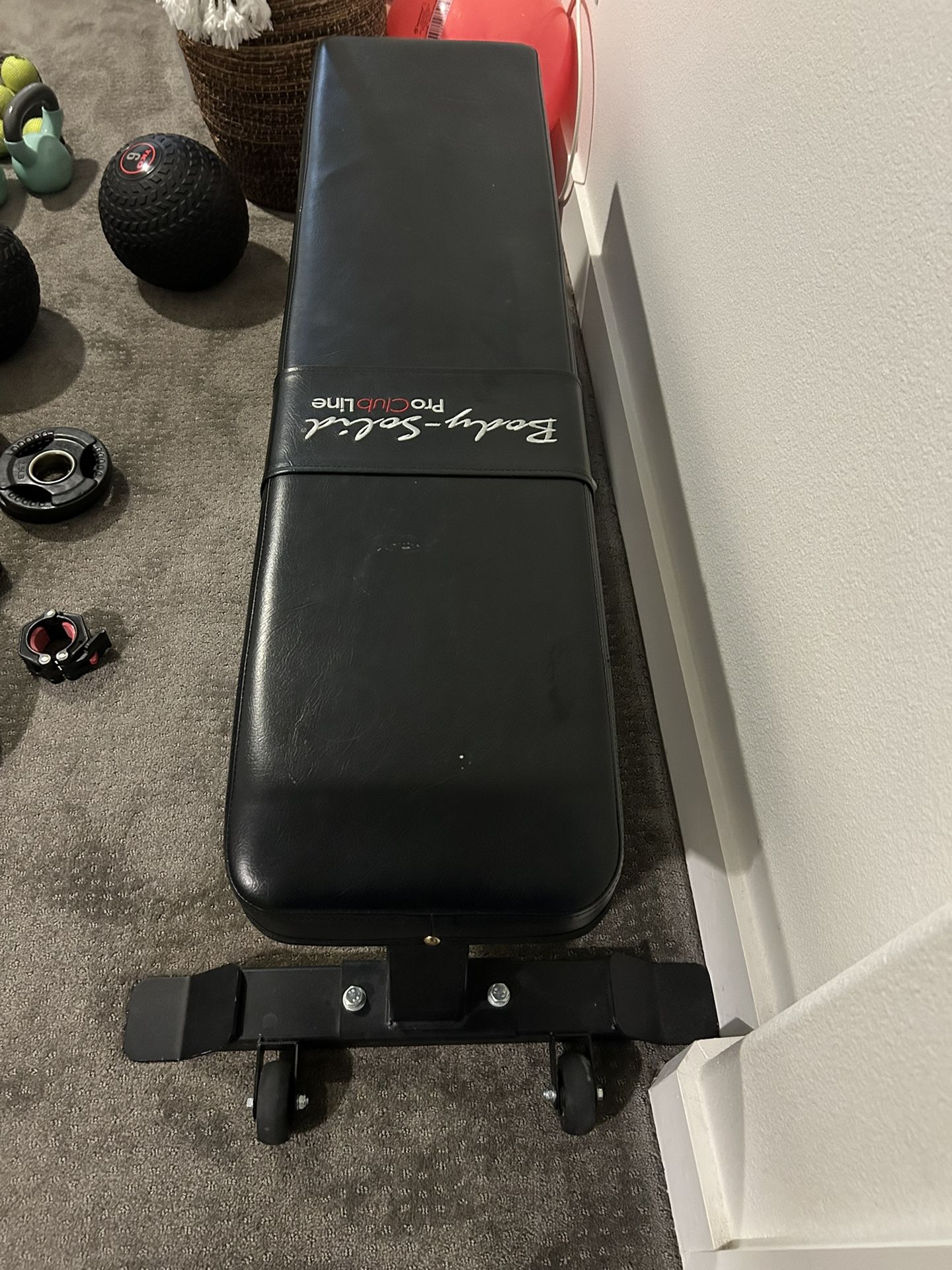 Flat Bench, Weights, Curl Bar, Medicine Balls , Clamps and Kettle Bells