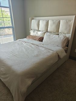 Cream Upholstered Wingback King Sized Platform Bed with 2 Under-Bed Storage Drawers