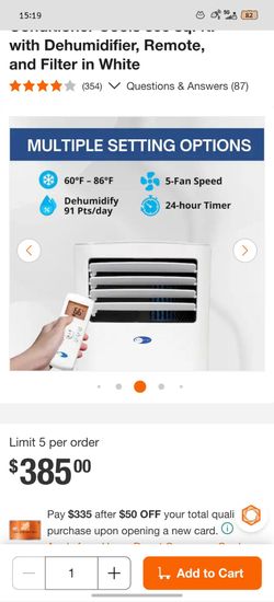 7,000 (DOE) BTU Portable Air Conditioner Cools 300 sq. ft. with Dehumidifier, Remote, and Filter in White