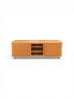 Mid-Century Modern Oak Media Console with Rounded Corners